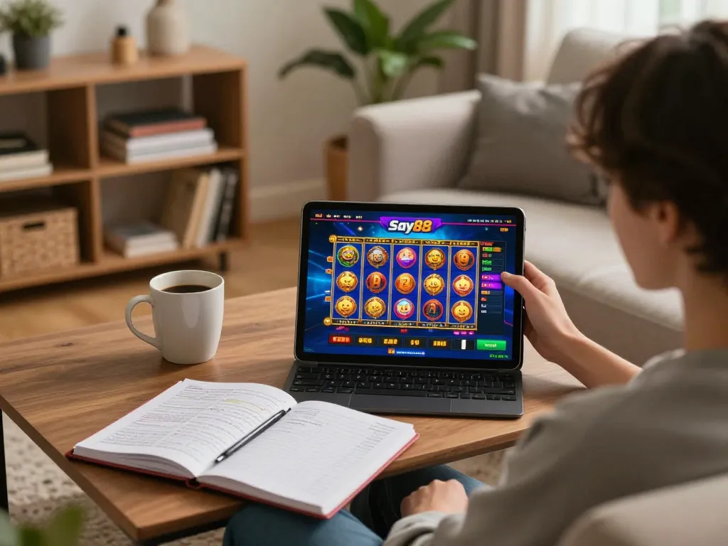 Say88 gaming setup with a player focusing on online slots, cozy home ambiance