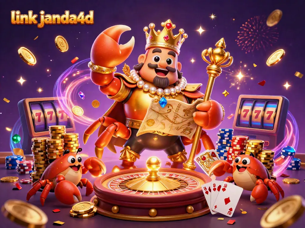 Permainan seru di link janda4d, dengan kepiting emas raksasa dan suasana kasino yang megah.
