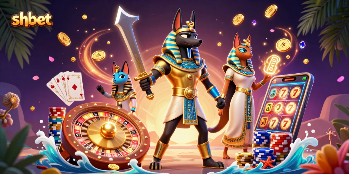 Experience thrilling gameplay with shbet, featuring Anubis and Bastet amidst cascading coins and spinning roulette.
