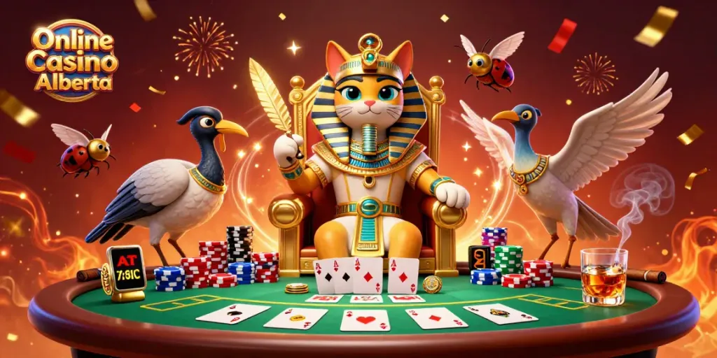 Engage in thrilling games at Online Casino Alberta featuring cartoon Egyptian characters and poker elements.
