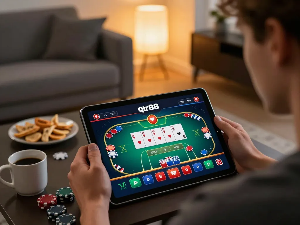 Player experiencing qtr88 online casino gaming on a tablet, immersed in strategy and engagement at home.