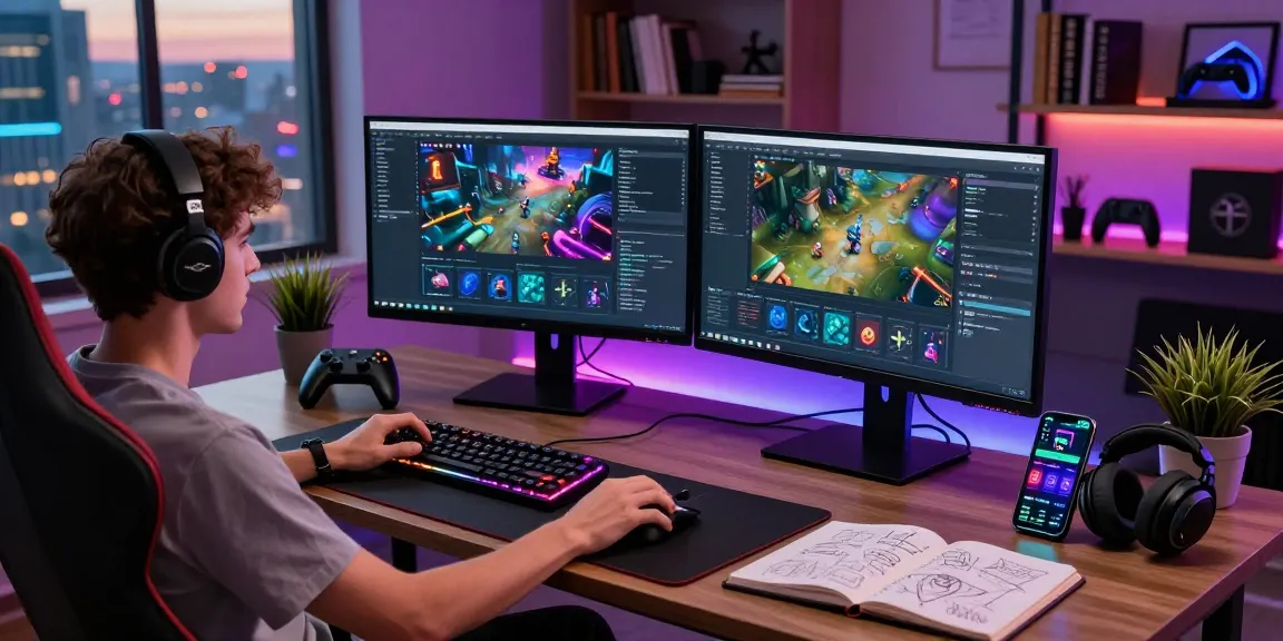Pengembang aplikasi game 68gb bekerja di ruang kerja modern dengan perangkat gaming dan catatan desain.