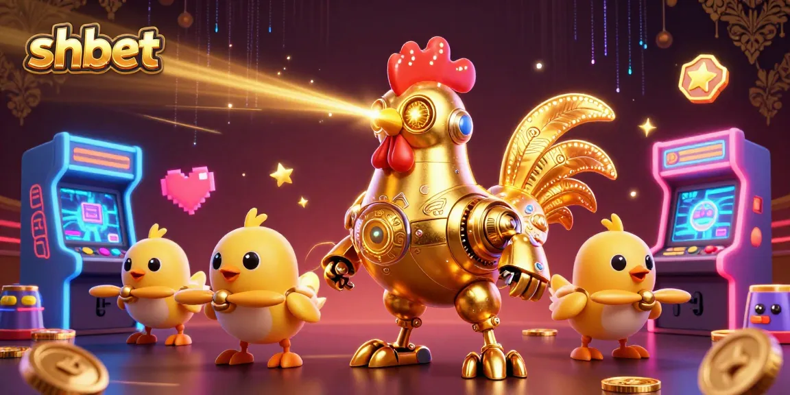 shbet features a golden rooster robot engaging in an electrifying arcade casino environment.