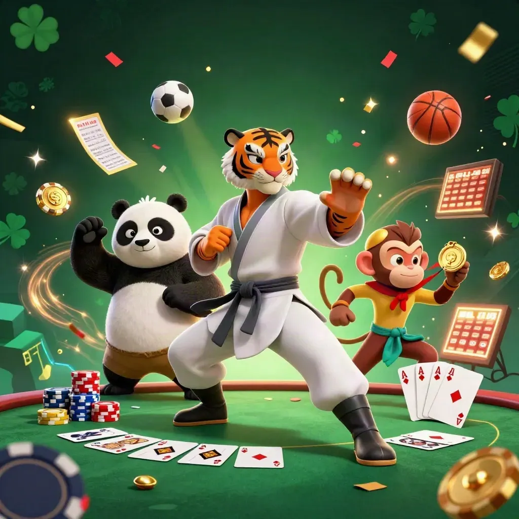 Kung-fu tiger, panda, and monkey amid casino chips, cards, balls, sparks, and green-gold glow