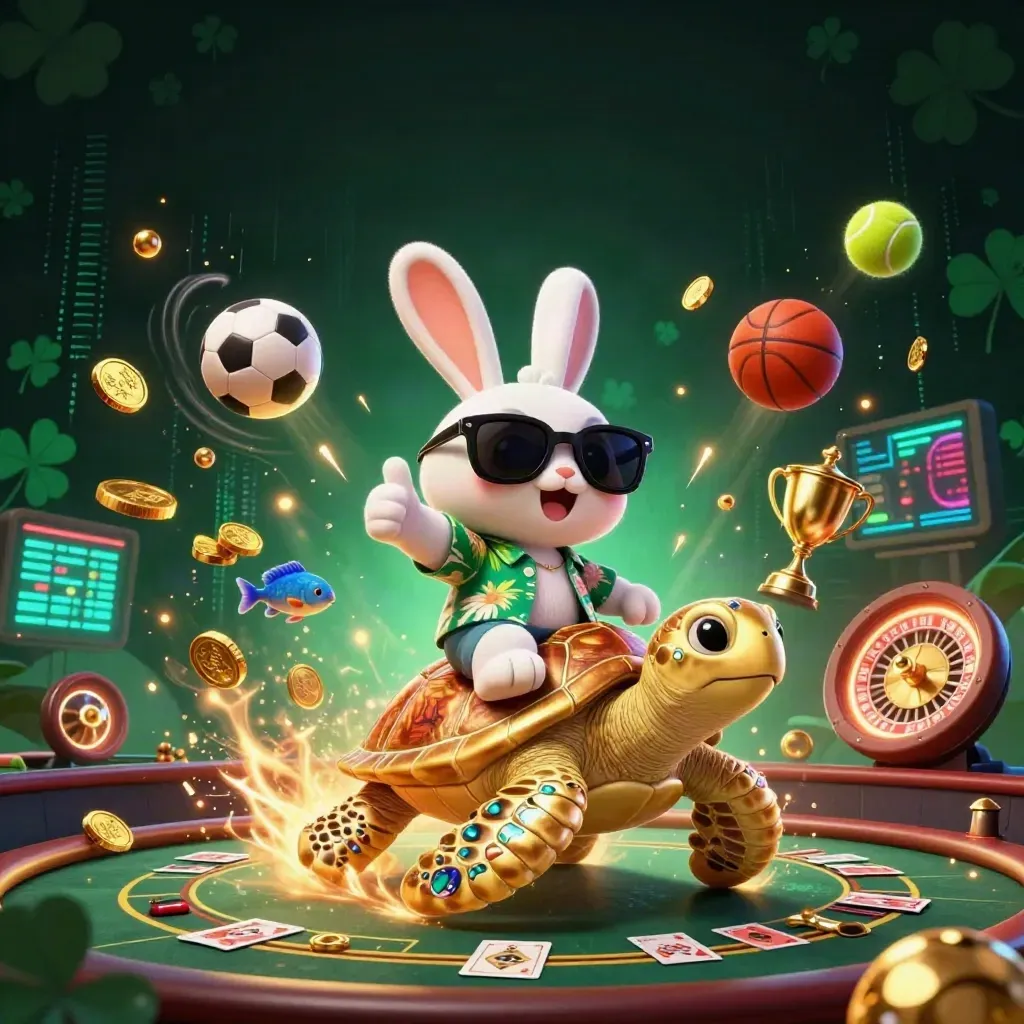 Lucky rabbit on golden turtle amid casino lights, coins, sports balls, and neon energy
