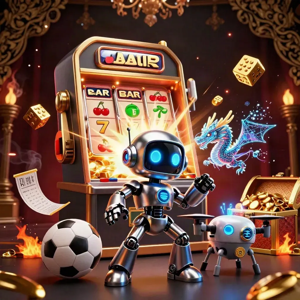 Cyberpunk robot, AI dragon and coin drone amid casino jackpot symbols and sports balls