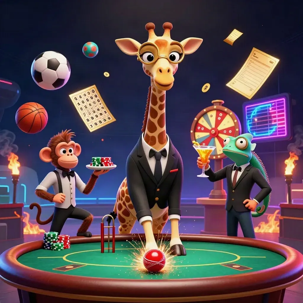 Low-angle neon casino scene with giraffe, monkey, chameleon, cricket ball, and chips exploding.