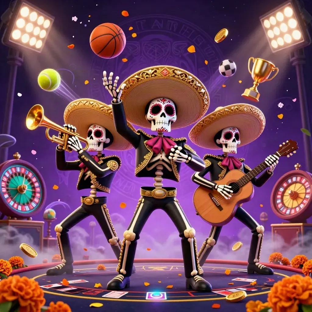 Skeleton mariachi trio amid casino and sports jackpots in neon purple, gold, and emerald glow.