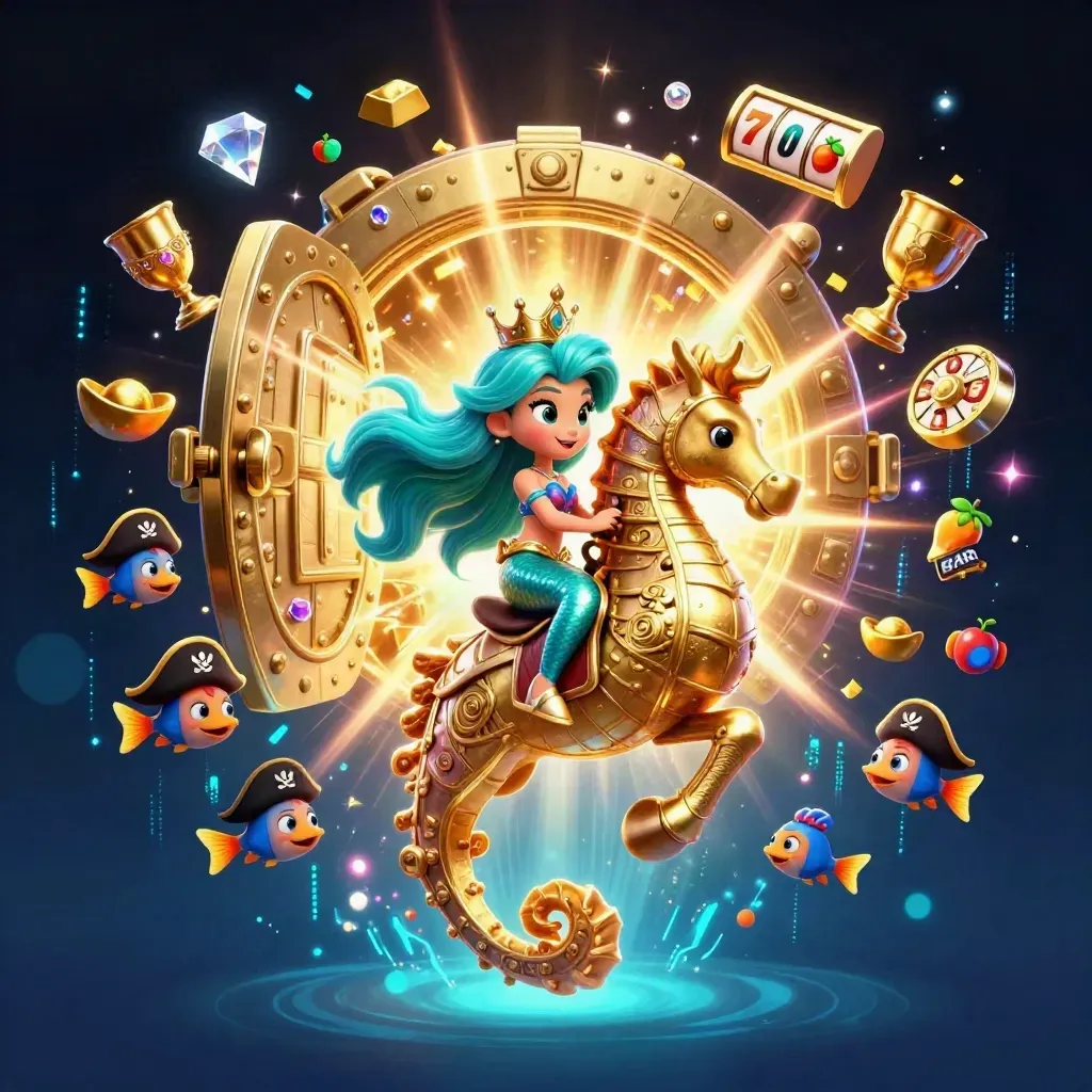 Mermaid princess on armored seahorse amid vault treasure, pirate fish, and neon jackpot energy.