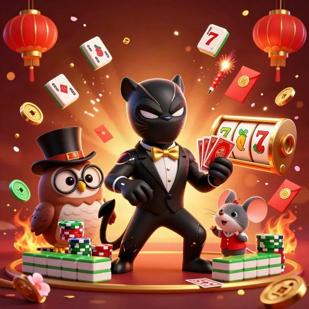 Panther, owl, and mouse in casino attire amid jackpots, coins, lanterns, and glowing gold effects.