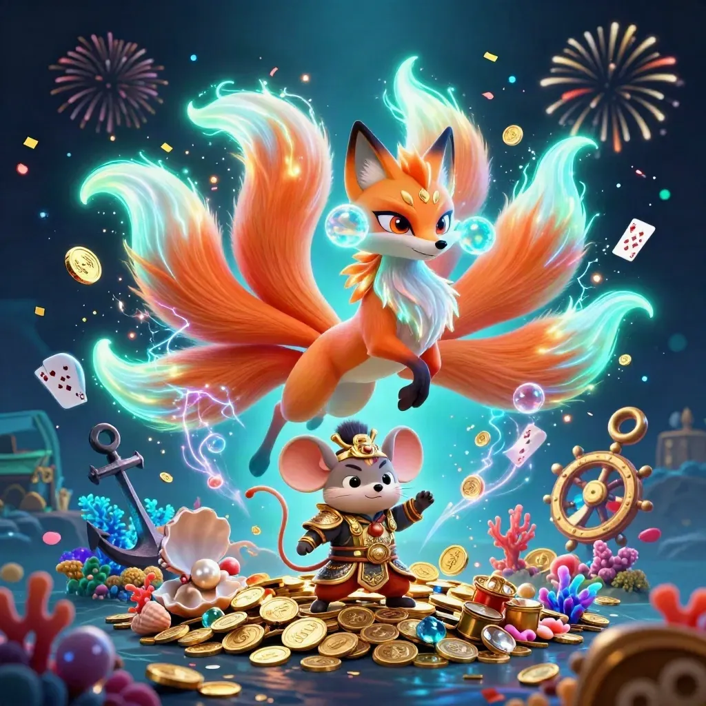 Nine-tailed neon fox spirit and golden samurai mouse erupt over treasure, coral, and coins.