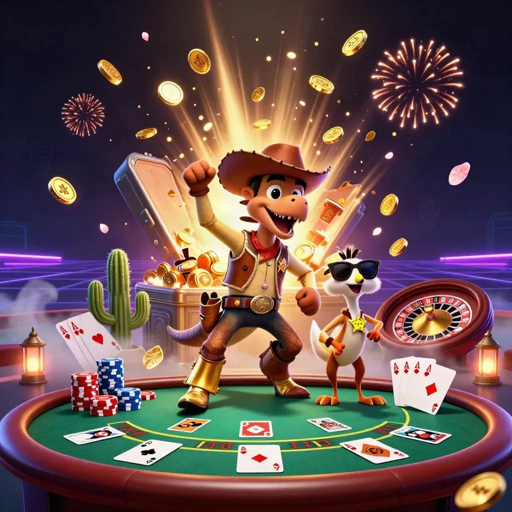 Cowboy T-Rex, cactus, and roadrunner amid casino treasure, chips, cards, and neon fireworks.