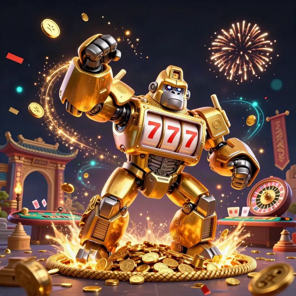 Golden gorilla mech and monkey pilot amid casino jackpots, coins, fireworks, roulette, and cards.