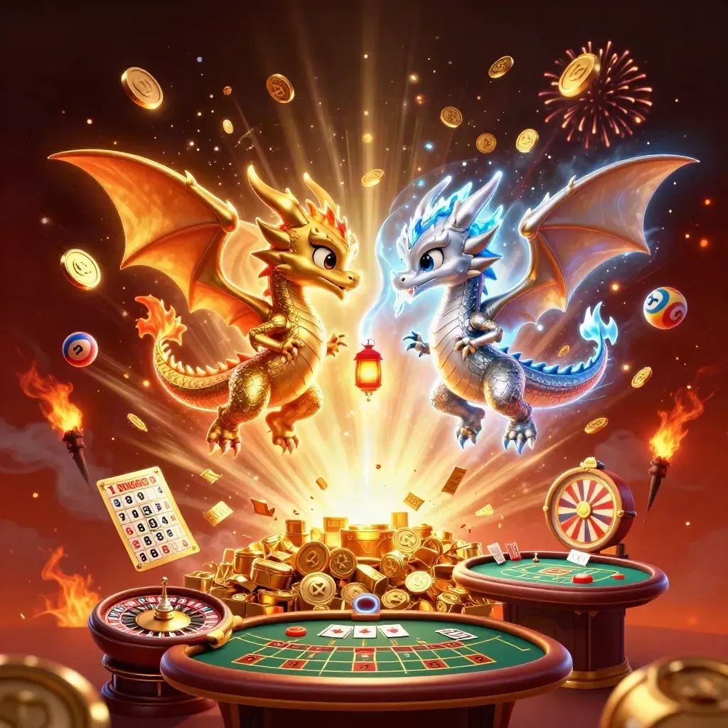 Gold and silver dragons whirl amid jackpots, coins, wheel games, and firelight.