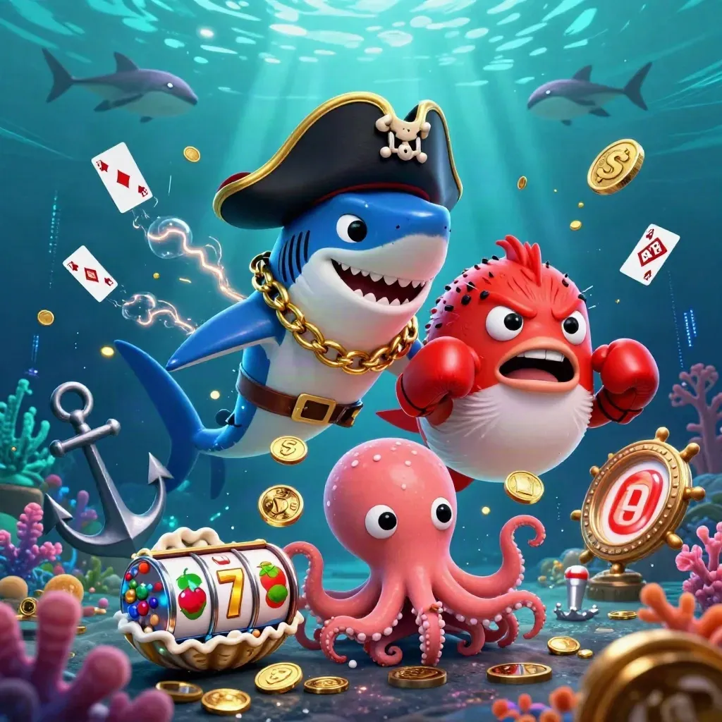 Pirate shark, red pufferfish, and baby octopus amid coins, coral, and neon underwater casino effects.