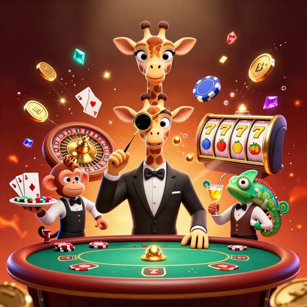 Giraffe high roller, monkey valet, and chameleon bartender amid casino jackpots and coins.
