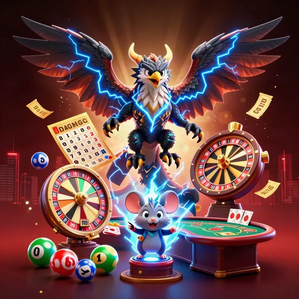 Thunder dragon, hawk, and static mouse amid jackpots, cards, and neon casino glow.