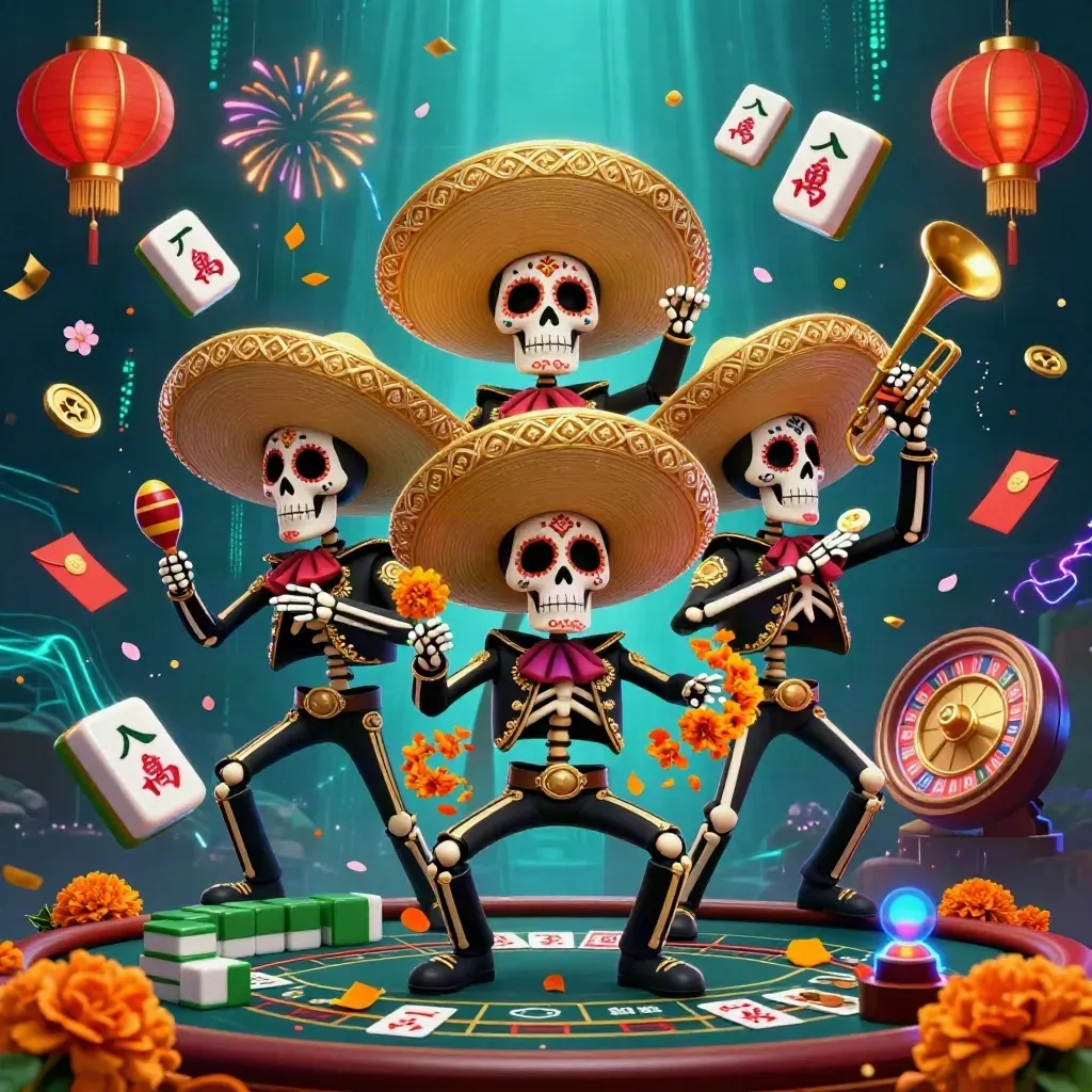 Skeleton mariachi trio amid jackpot symbols, gold glow, and neon casino lighting
