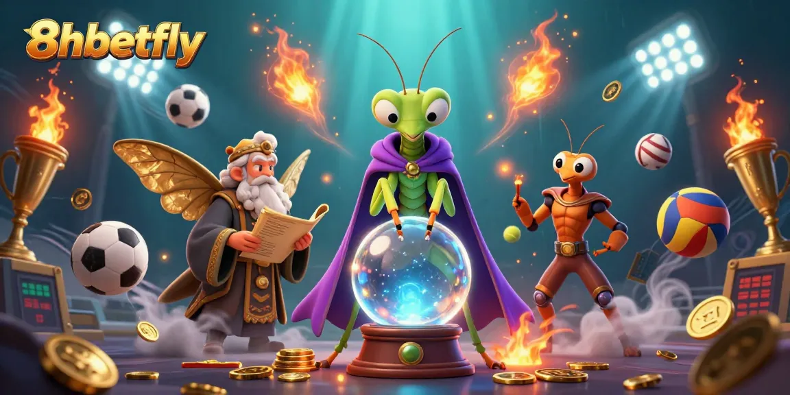 Engage in thrilling gameplay at 8xbetfly with cartoon fortune tellers and sports elements illuminating the scene.