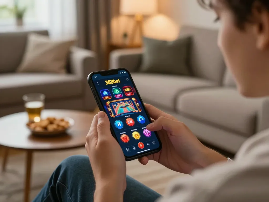 Player engaging with the 388bet casino app on a smartphone in a cozy living room setting, highlighting online gambling convenience.