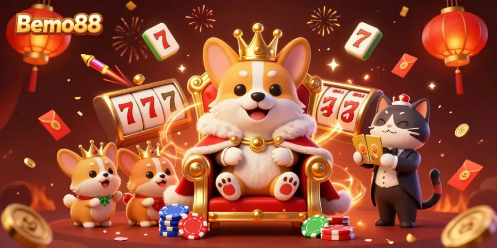 Bemo88 features an extravagant royal corgi and cat butler in a dynamic casino scene.
