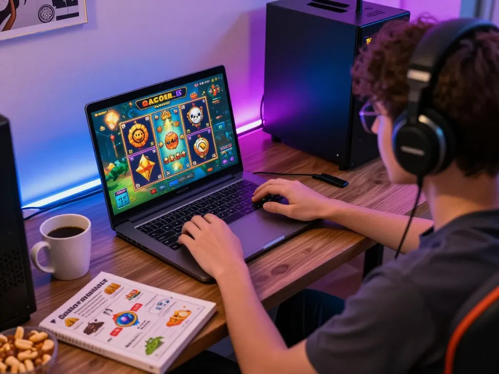 Playing a slot gacor viral game online, showcasing immersive gaming setup with vibrant atmosphere