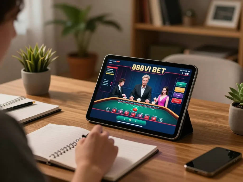 Engaging in live dealer games on 888VI BET with a strategy notebook in a cozy home setup.
