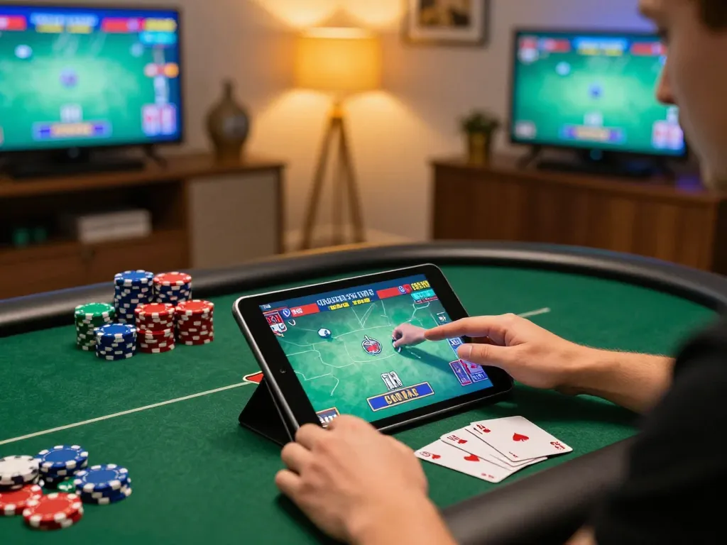 Engaging online poker experience at NK88 with players using tablets and chips on screen.