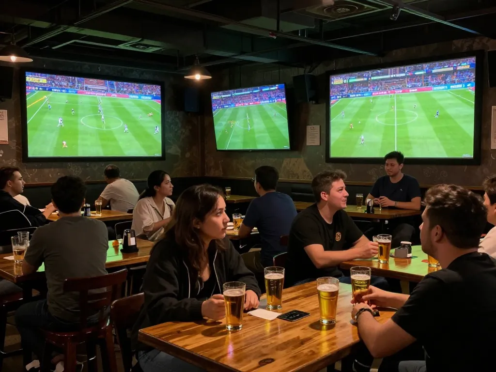 Watching live soccer games on multiple screens at the sports bar for Trực tiếp bóng đá CakhiaTV excitement.