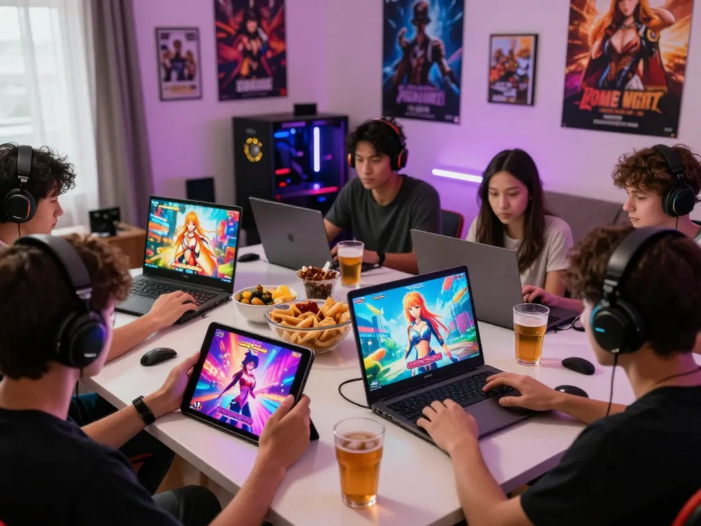 Engaging players immersed in porngames on various devices in a vibrant gaming room.