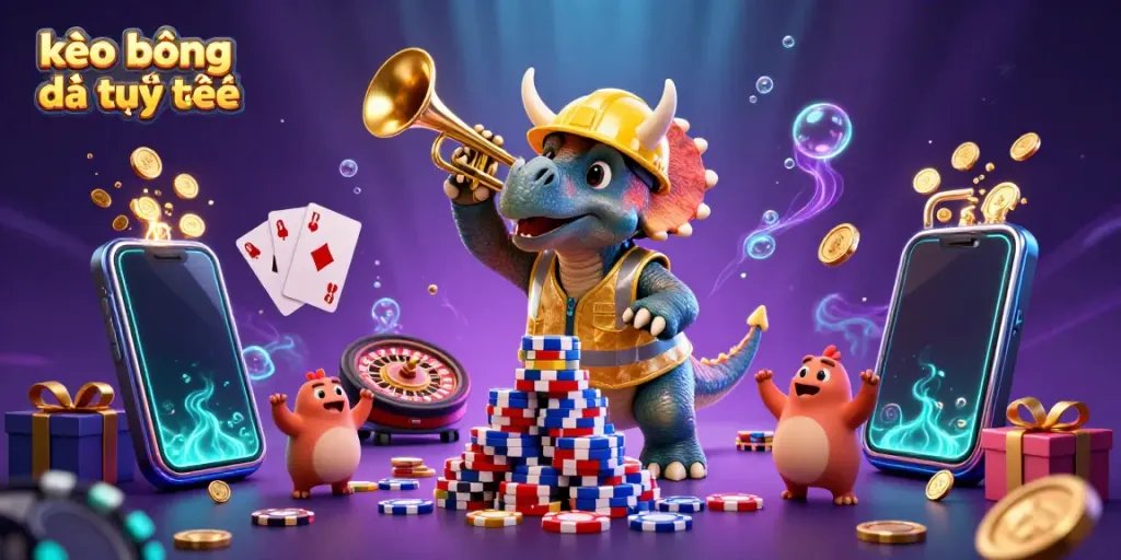 Engaging cartoon scene depicting kèo bóng đá trực tuyến with a triceratops building poker chips and a parasaurolophus cheering.