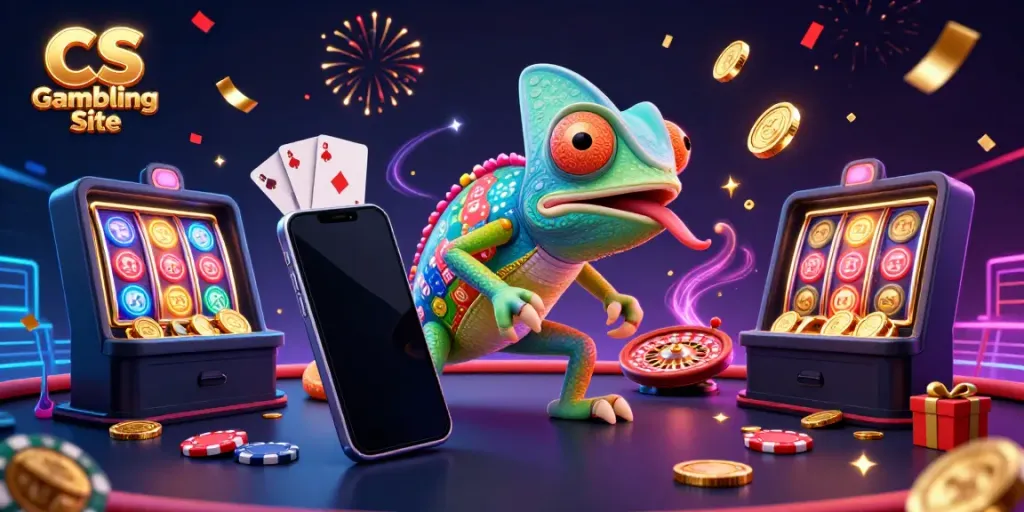 Experience excitement at a CS Gambling Site with a playful chameleon casino owner and dynamic gaming elements.
