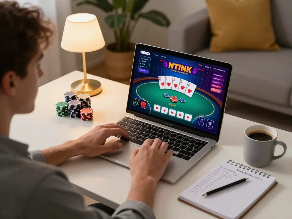 IWIN online poker gameplay scene showing strategic approach on laptop in cozy living room.