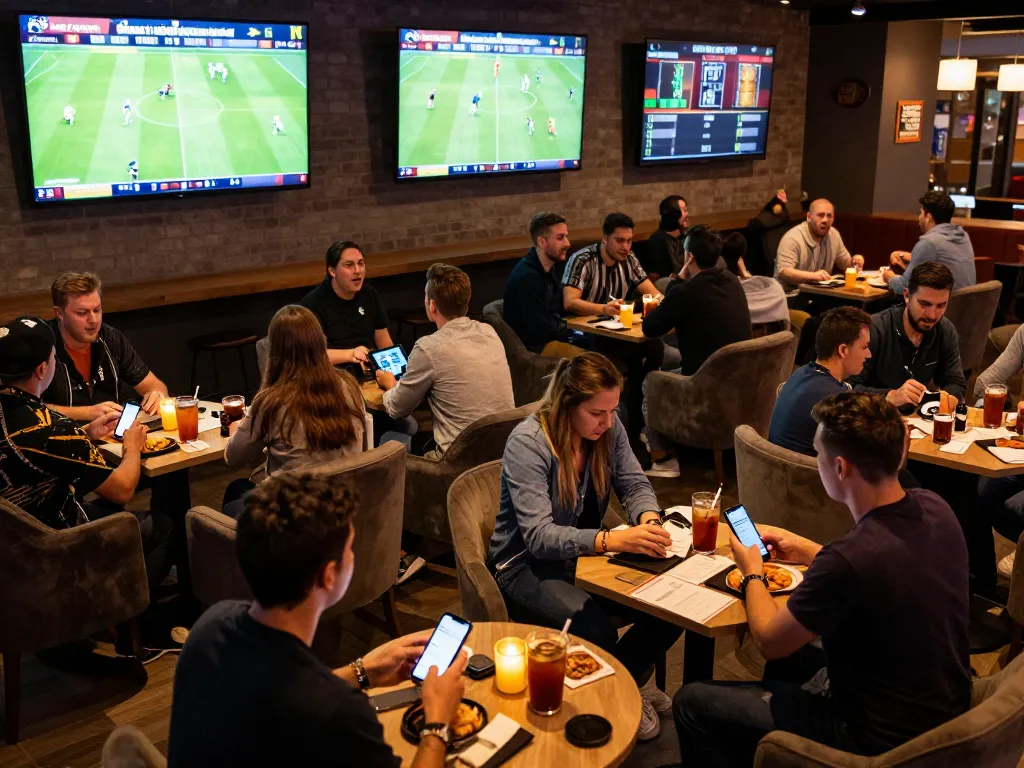 Thrilling sports betting experience showing tỷ lệ kèo nhà cái hôm nay on screens with excited players engaging in bets.