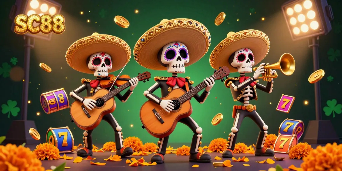 Experience SC88's vibrant 3D mariachi band celebratory scene filled with slot reels and gold coins.
