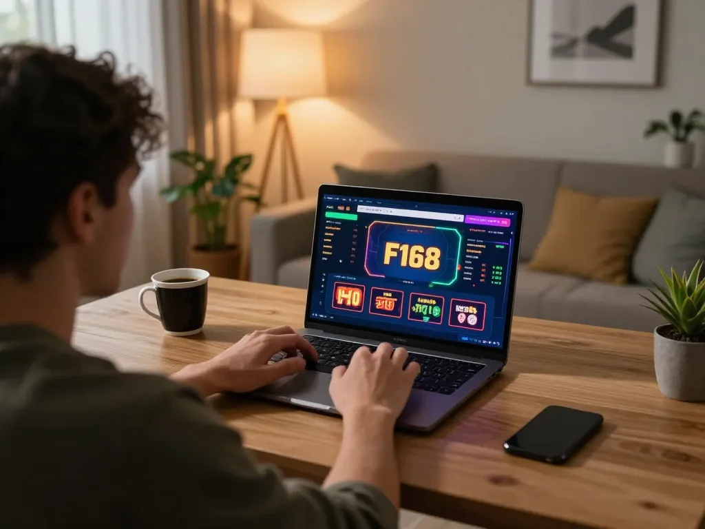Person playing on F168 online casino interface in a well-lit home office.
