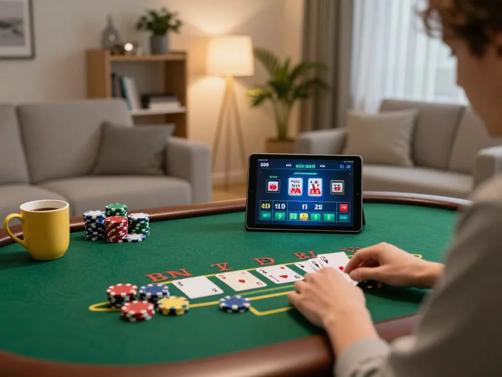 Engaging in a game of blackjack on F8BET in a cozy home setting with poker chips visible