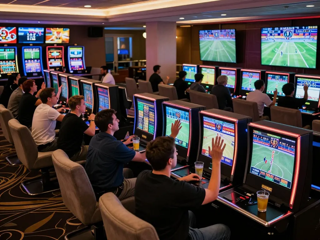 Fans cheering on winning bets at bem88 sports betting lounge with live screens