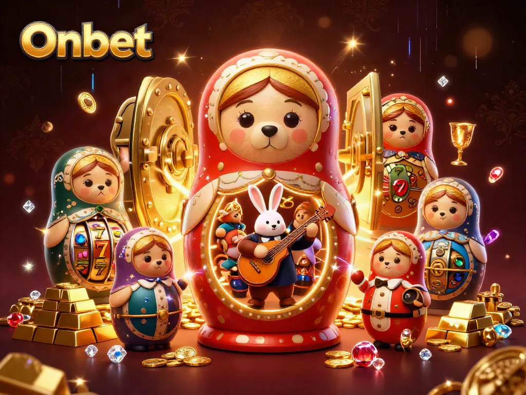 Experience Onbet with vibrant 3D casino characters amidst a treasure-filled scene.