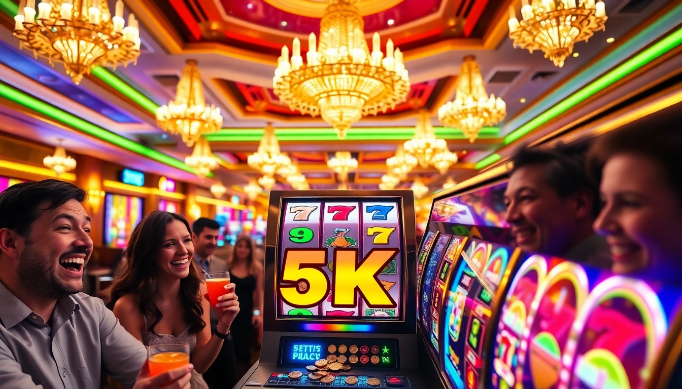 Mainkan slot 5k dengan tampilan mesin slot yang berwarna-warni di kasino yang mewah.