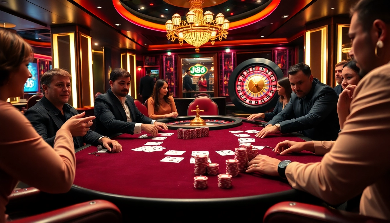 Excited players engaging at a j88 poker table in a luxurious casino setting, showcasing high-stakes action.