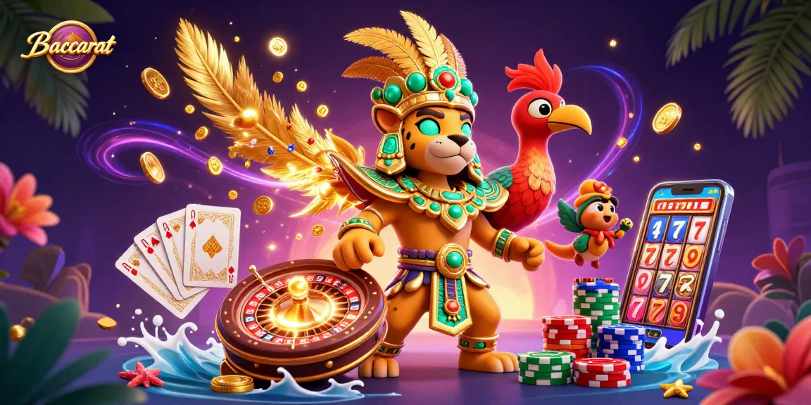 Baccarat action with 3D cartoon Mayan jaguar priest and quetzal bird in a vibrant casino scene.