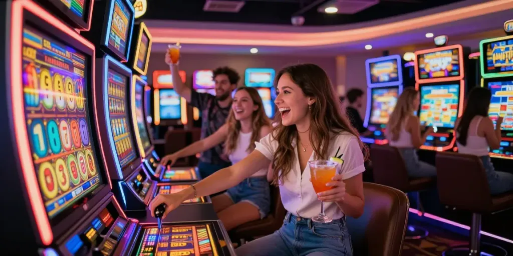 Exciting Lucky777 gaming atmosphere with friends celebrating wins at vibrant casino slot machines.