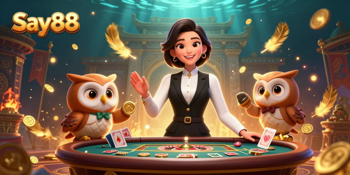 Experience Say88's vibrant casino setting with dynamic dealers and exciting gaming elements.