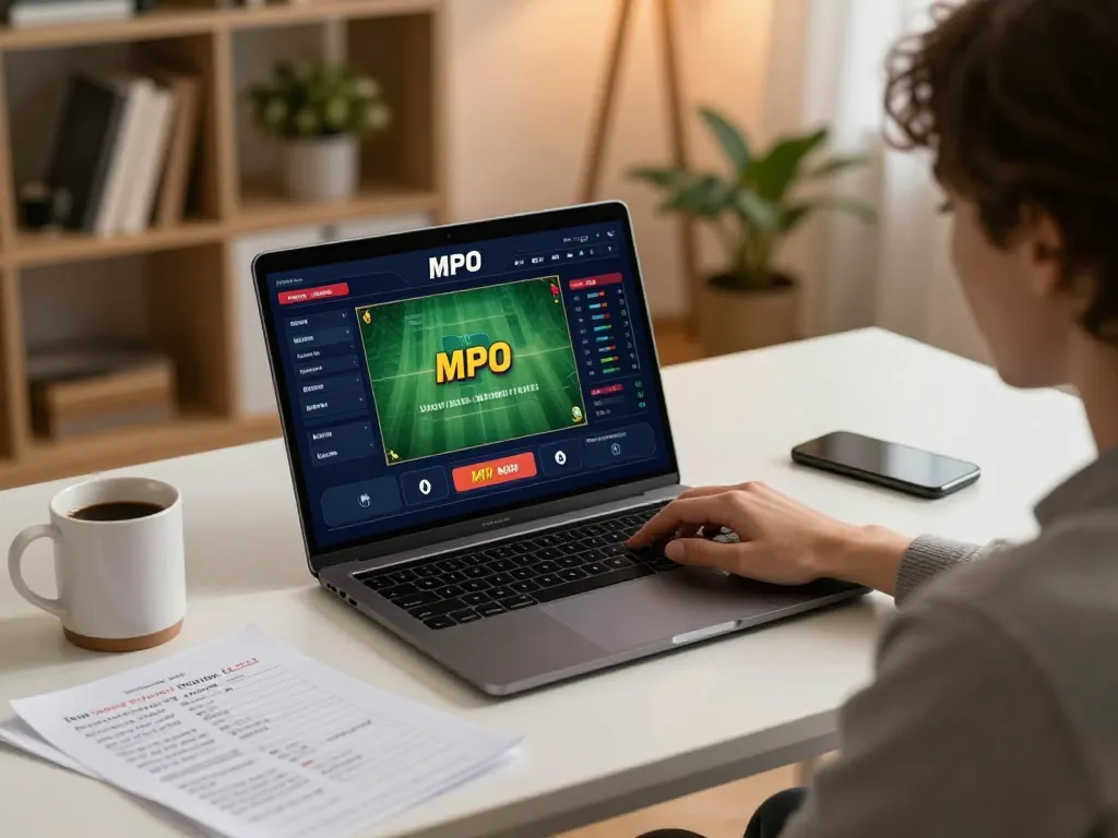 Engaging in mpo sport betting with a laptop, revealing strategic online gaming setup.