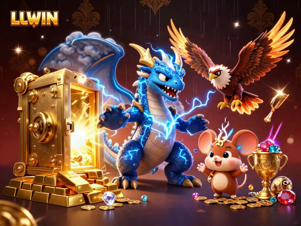LLWIN's dynamic casino scene with a dragon, hawk, and treasures, embodying thrill and excitement for gamers