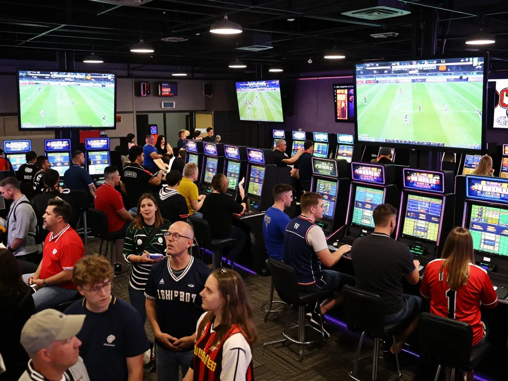 Engaged bettors analyzing odds in a lively keo nha cai sports betting venue.