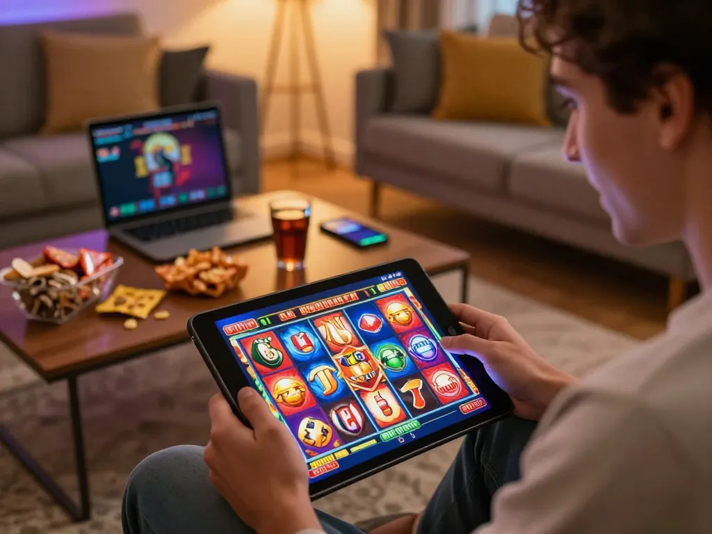 Engaging in slot online gaming session with a tablet amidst a cozy home atmosphere.