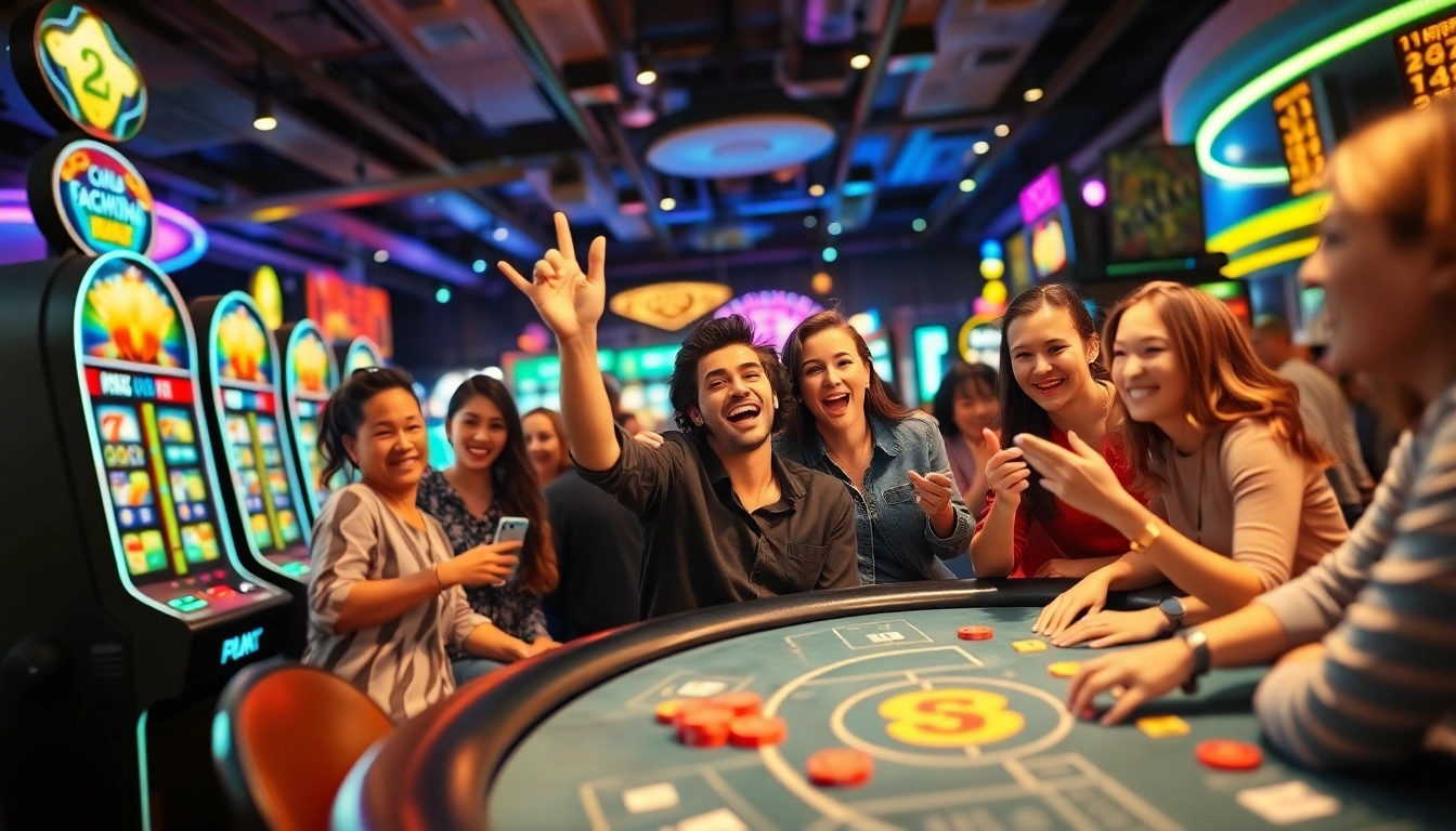 Engaged players at an online casino celebrating a win with vibrant gaming tools.