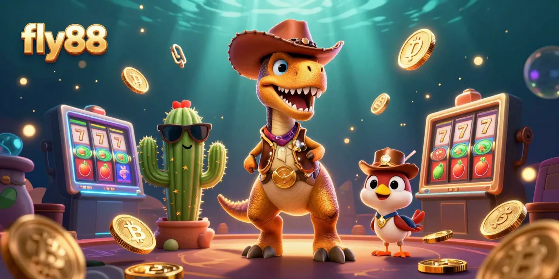Engage with fly88's exciting slot games featuring a dinosaur cowboy, cactus, and roadrunner in a vibrant casino.
